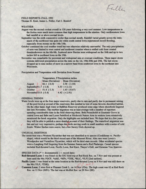 Quarterly field report for the fall of 1992 compiled by Thomas H. Kent, James L. Fuller and Carl J. Bendorf.