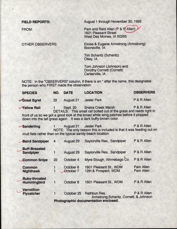 Fall report of birds and locations contributed by Pam Allen and Reid I. Allen. This item was used as supporting documentation for the Iowa Ornithologists' Union Quarterly field report of fall 1992.