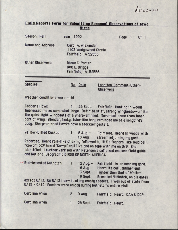 Fall report of birds found in and around Fairfield contributed by Carol Ann Alexander. This item was used as supporting documentation for the Iowa Ornithologists' Union Quarterly field report of fall 1992.