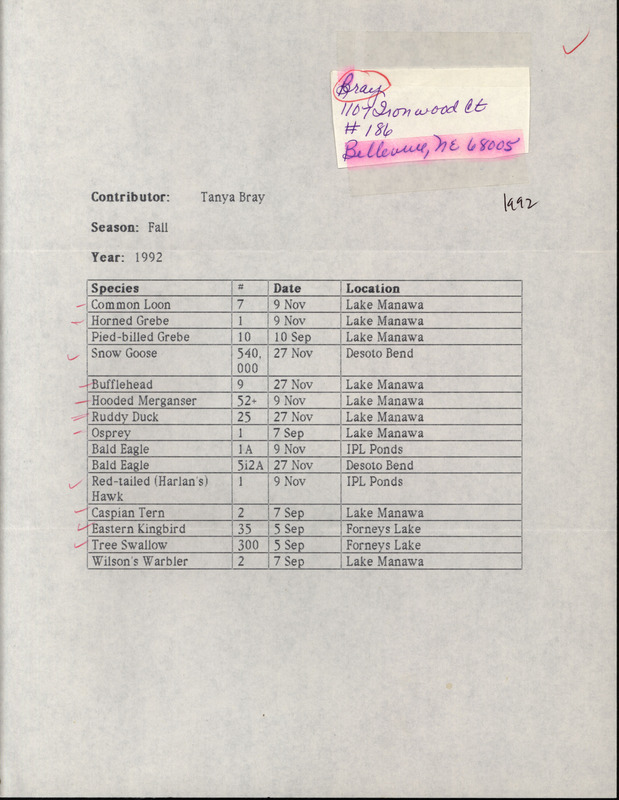 Fall report of birds found in western Iowa contributed by Tanya Bray. This item was used as supporting documentation for the Iowa Ornithologists' Union Quarterly field report of fall 1992.