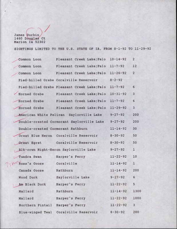 Fall report of birds and locations contributed by James O. Durbin. This item was used as supporting documentation for the Iowa Ornithologists' Union Quarterly field report of fall 1992.