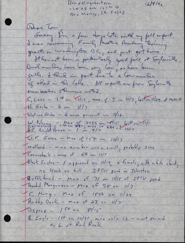 Letter from Bery Engebretsen to Thomas H. Kent regarding fall bird sightings, December 4, 1992. This item was used as supporting documentation for the Iowa Ornithologists' Union Quarterly field report of fall 1992.