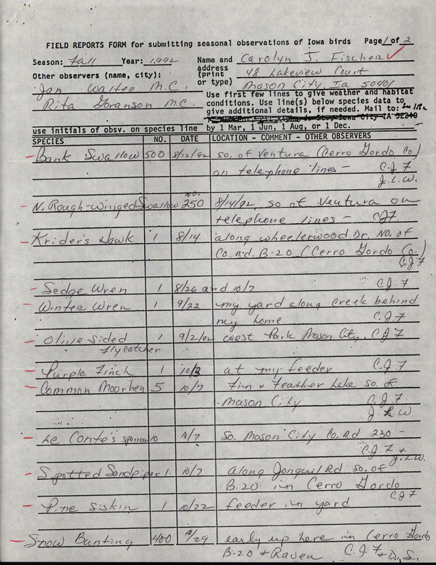 Fall reports of birds found in Cerro Gordo County contributed by Carolyn J. Fischer. This item was used as supporting documentation for the Iowa Ornithologists' Union Quarterly field report of fall 1992.