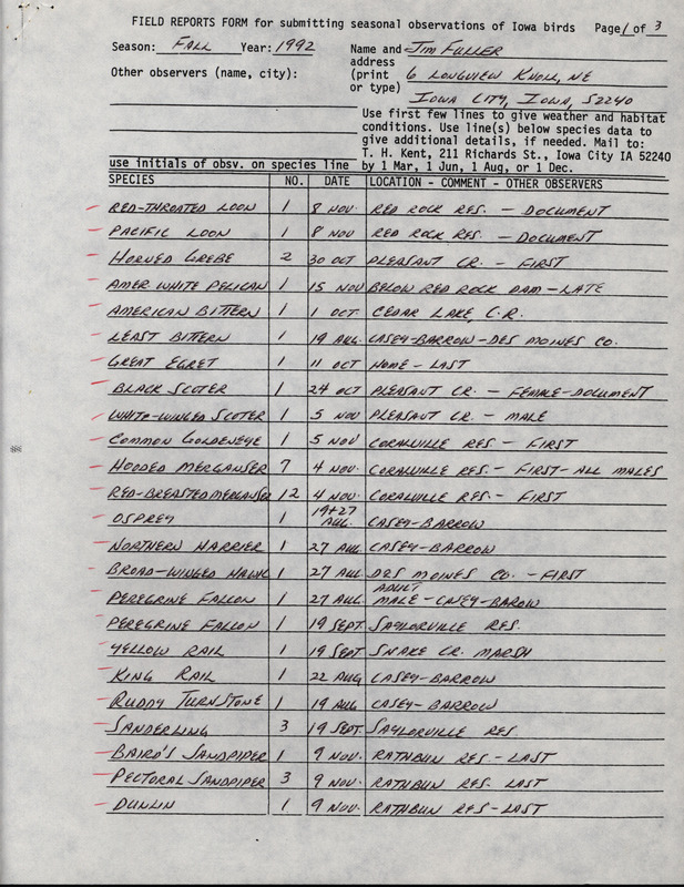 Fall reports of birds and locations contributed by James L. Fuller. This item was used as supporting documentation for the Iowa Ornithologists' Union Quarterly field report of fall 1992.