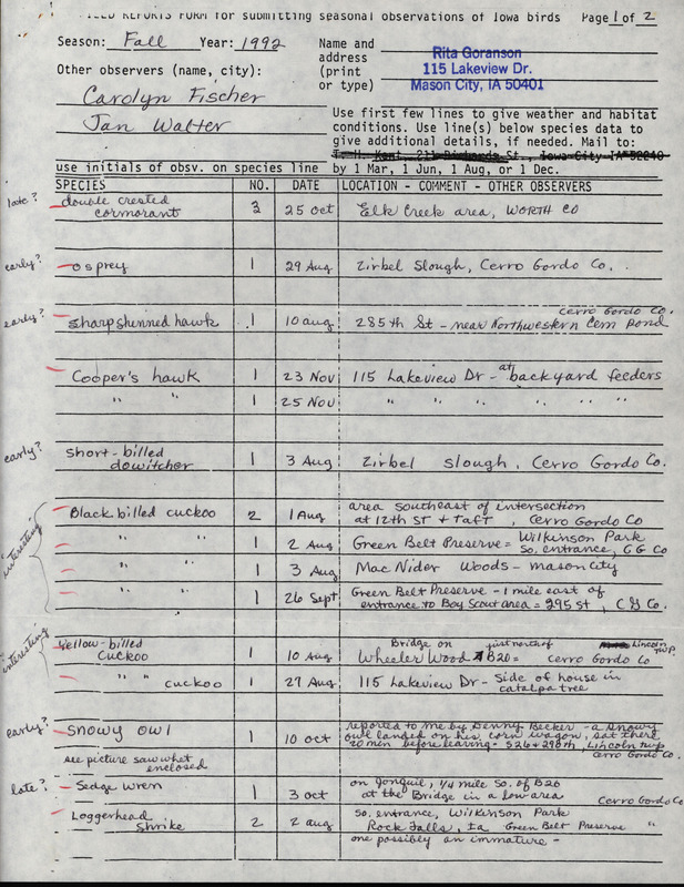 Fall report of birds found in and around Cerro Gordo County contributed by Rita Goranson. This item was used as supporting documentation for the Iowa Ornithologists' Union Quarterly field report of summer 1992.