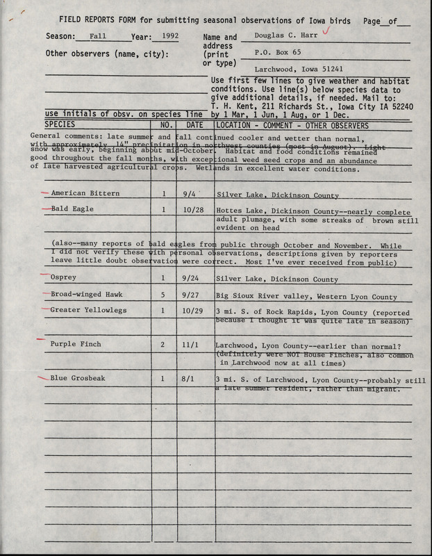 Fall report of birds found in northwest Iowa contributed by Douglas C. Harr. This item was used as supporting documentation for the Iowa Ornithologists' Union Quarterly field report of summer 1992.