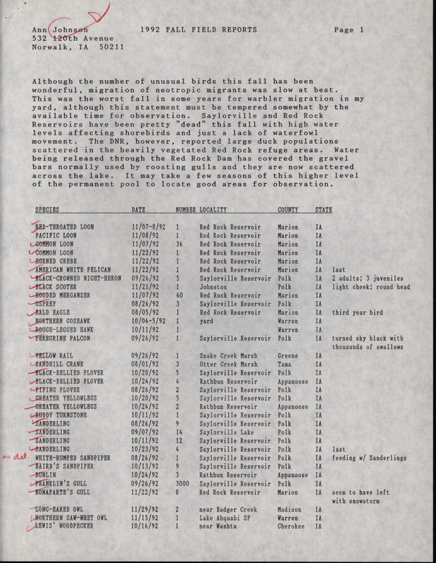 Fall report of birds and locations contributed by Ann Johnson. This item was used as supporting documentation for the Iowa Ornithologists' Union Quarterly field report of fall 1992.