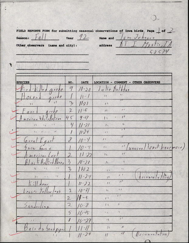 Fall report of birds found at Rathbun Lake contributed by Tom Johnson. This item was used as supporting documentation for the Iowa Ornithologists' Union Quarterly field report of fall 1992.