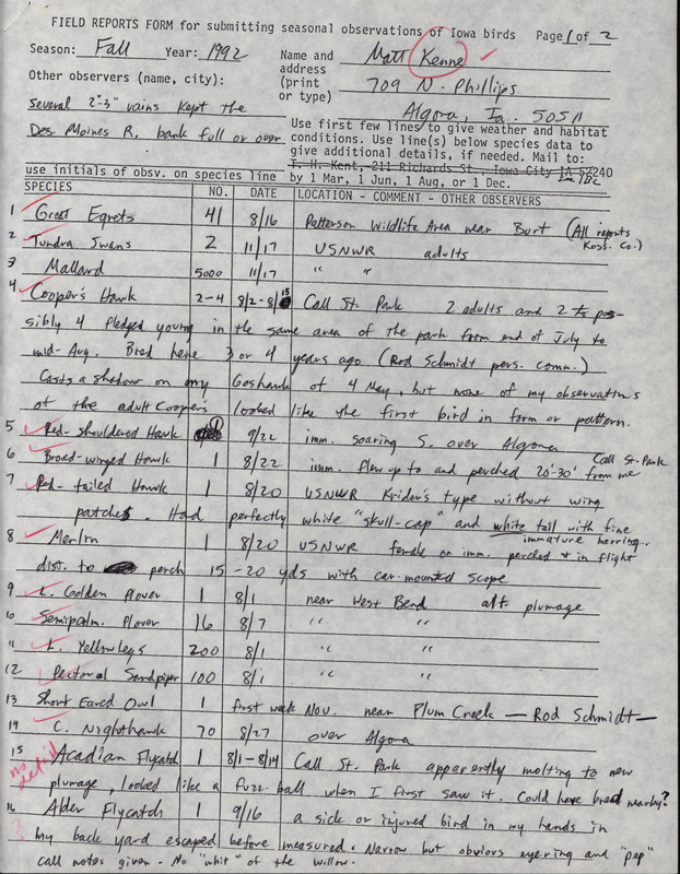 Fall report of birds found in northern Iowa contributed by Matthew Kenne. This item was used as supporting documentation for the Iowa Ornithologists' Union Quarterly field report of fall 1992.