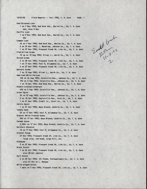 Fall report of birds and locations contributed by Thomas H. Kent, December 1, 1992. This item was used as supporting documentation for the Iowa Ornithologists' Union Quarterly field report of fall 1992.