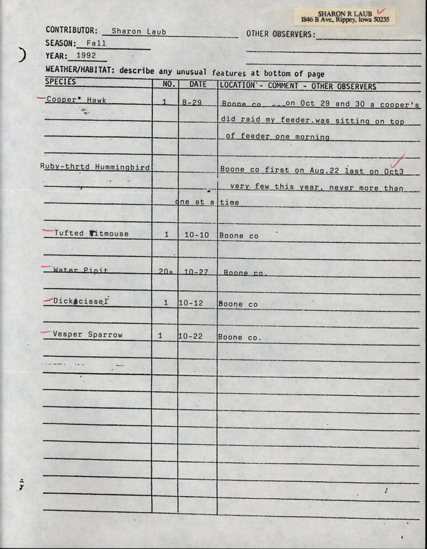 Fall report of birds found in Boone County contributed by Sharon Laub. This item was used as supporting documentation for the Iowa Ornithologists' Union Quarterly field report of fall 1992.