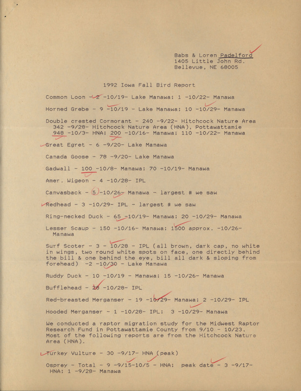 Fall report of birds and locations contributed by Babs Padelford and Loren Padelford. This item was used as supporting documentation for the Iowa Ornithologists' Union Quarterly field report of fall 1992.