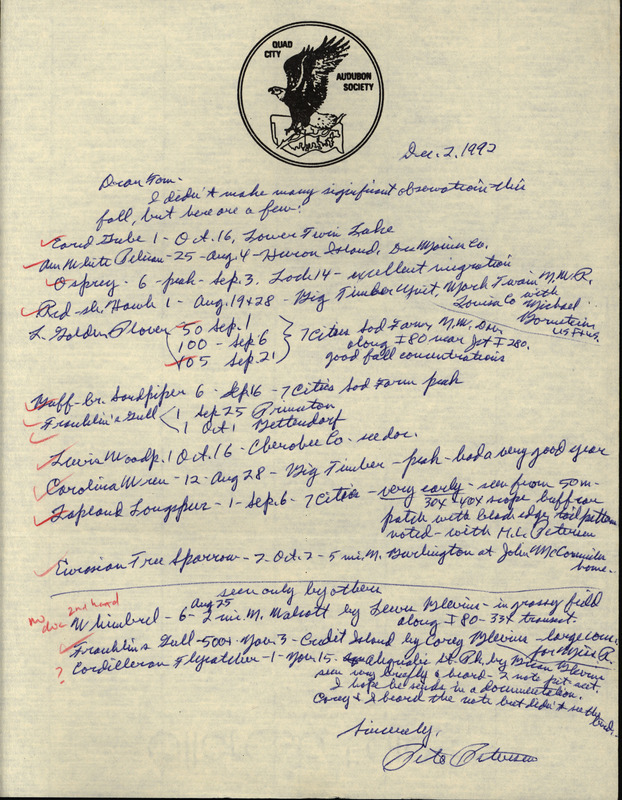 Letter from Peter C. Petersen to Thomas H. Kent regarding fall bird sightings, December 2, 1992. This item was used as supporting documentation for the Iowa Ornithologists' Union Quarterly field report of fall 1992.