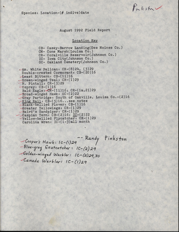 Fall report of birds and locations contributed by Randall Pinkston. Also included are hand drawn sketches and a detailed description of a King Rail sighting. This item was used as supporting documentation for the Iowa Ornithologists' Union Quarterly field report of fall 1992.