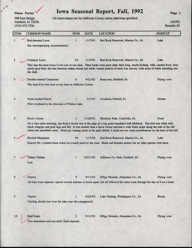 Fall report of birds and locations contributed by Diane C. Porter, December 1, 1992. This item was used as supporting documentation for the Iowa Ornithologists' Union Quarterly field report of fall 1992.