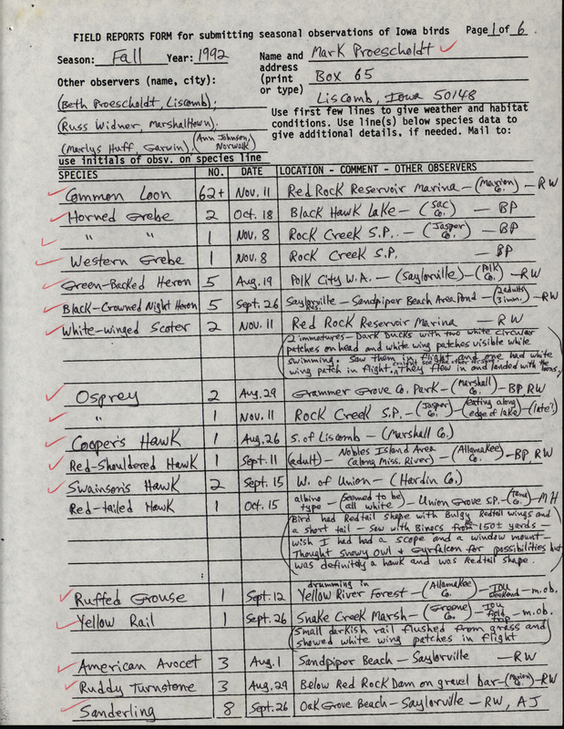 Fall report of birds and locations contributed by Mark Proescholdt. This item was used as supporting documentation for the Iowa Ornithologists' Union Quarterly field report of fall 1992.