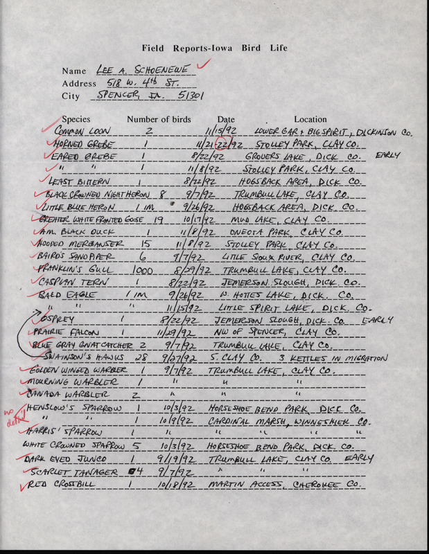 Fall report of birds and locations contributed by Lee A. Schoenewe. This item was used as supporting documentation for the Iowa Ornithologists' Union Quarterly field report of fall 1992.