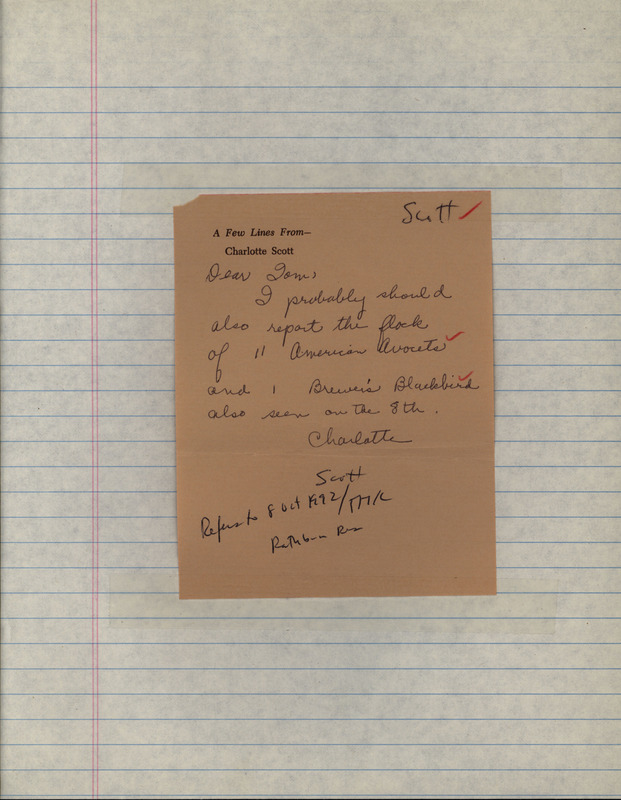 Letter from Charlotte Scott to Thomas H. Kent regarding sightings of American Avocets and a Brewer's Blackbird. This item was used as supporting documentation for the Iowa Ornithologists' Union Quarterly field report of fall 1992.