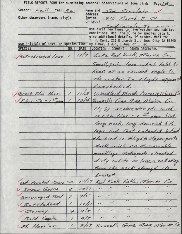 Fall report of birds and locations contributed by Jim Sinclair. This item was used as supporting documentation for the Iowa Ornithologists' Union Quarterly field report of fall 1992.