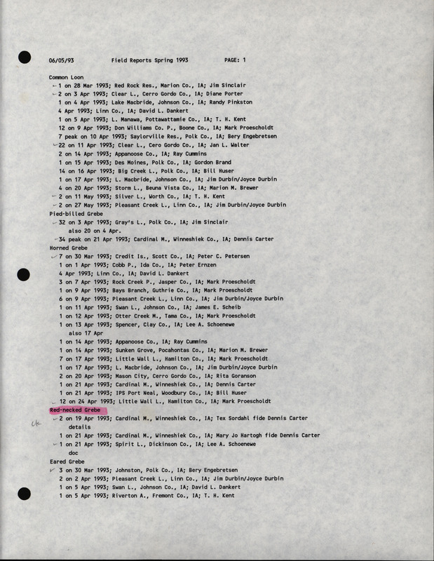 Printout of bird sightings dated June 5, 1993. A list of bird sightings organized by species and annotated by number of individuals, date of sighting, location, and observer. This item was used as supporting documentation for the Iowa Ornithologists' Union Quarterly field report of Spring 1993.