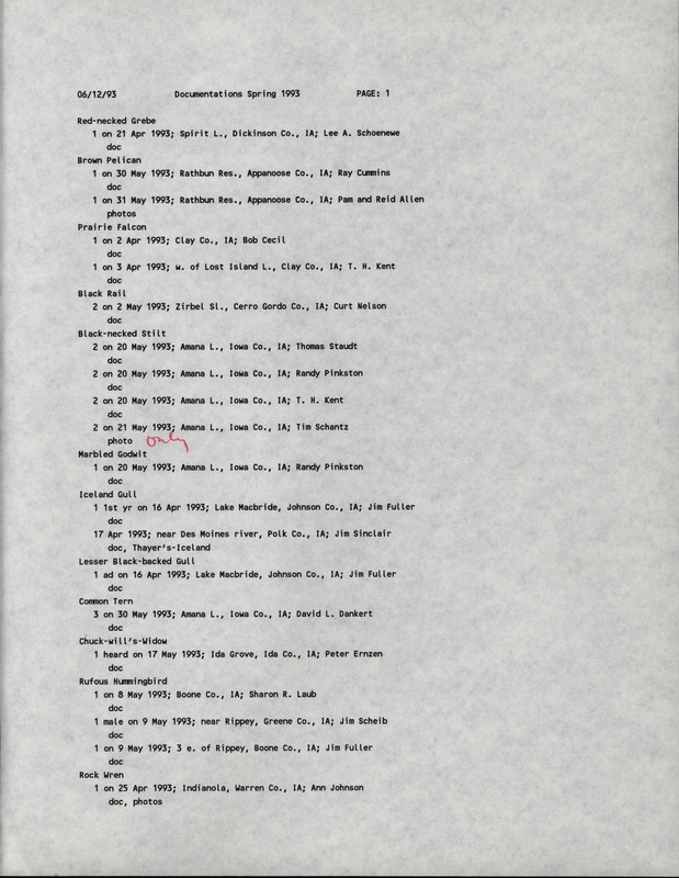 Printout of bird sightings dated June 12, 1993. A list of documented bird sightings organized by species and annotated by number of individuals, date of sighting, location, and observer. This item was used as supporting documentation for the Iowa Ornithologists' Union Quarterly field report of Spring 1993.