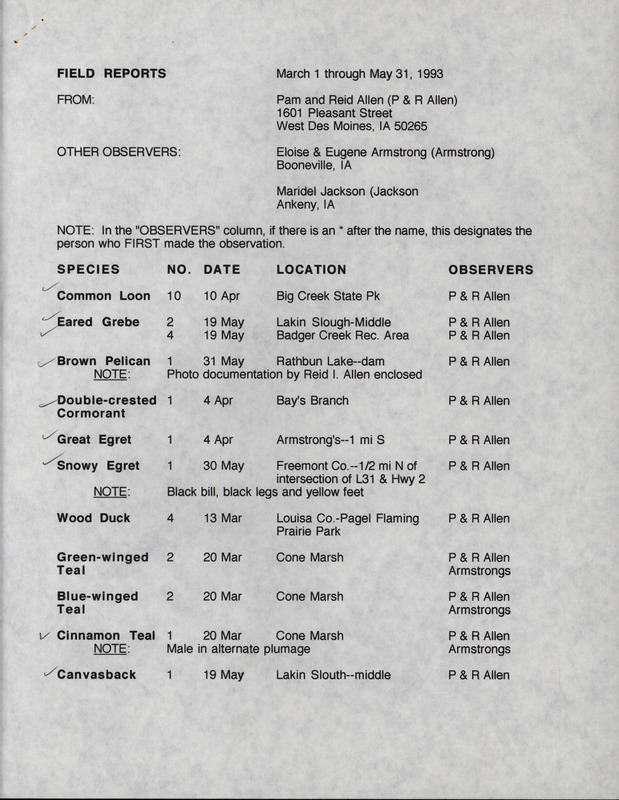 An annotated list of birds sighted by Pam and Reid Allen and three others. This item was used as supporting documentation for the Iowa Ornithologists' Union Quarterly field report of Spring 1993.