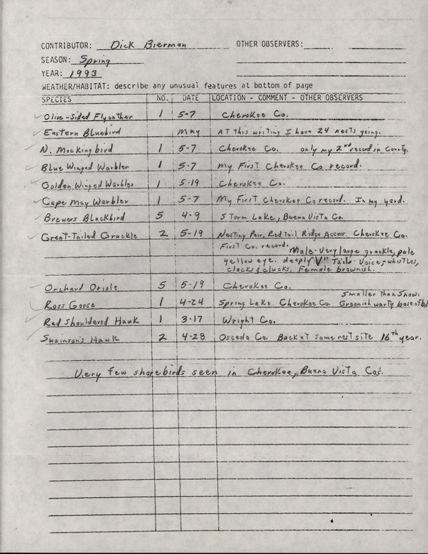 An annotated list of birds sighted by Dick Bierman. This item was used as supporting documentation for the Iowa Ornithologists' Union Quarterly field report of Spring 1993.