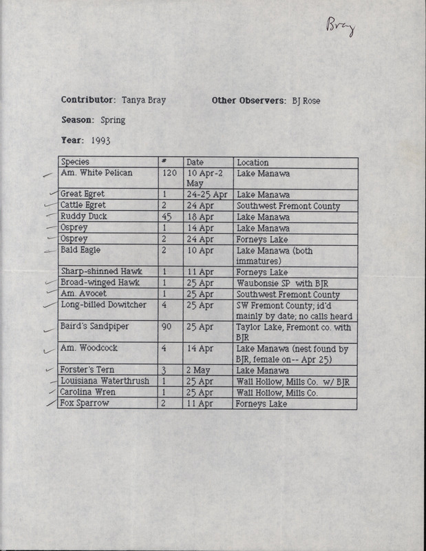 An annotated list of birds sighted by Tanya Bray and B.J. Rose. This item was used as supporting documentation for the Iowa Ornithologists' Union Quarterly field report of Spring 1993.