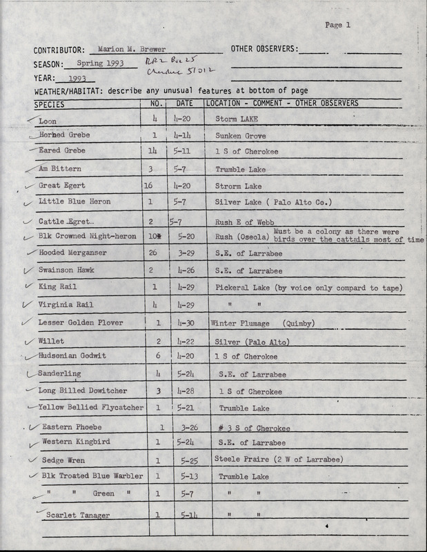 An annotated list of birds sighted by Marion Brewer. This item was used as supporting documentation for the Iowa Ornithologists' Union Quarterly field report of Spring 1993.