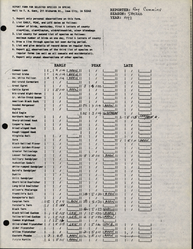 An annotated list of birds sighted by Ray Cummins. This item was used as supporting documentation for the Iowa Ornithologists' Union Quarterly field report of Spring 1993.