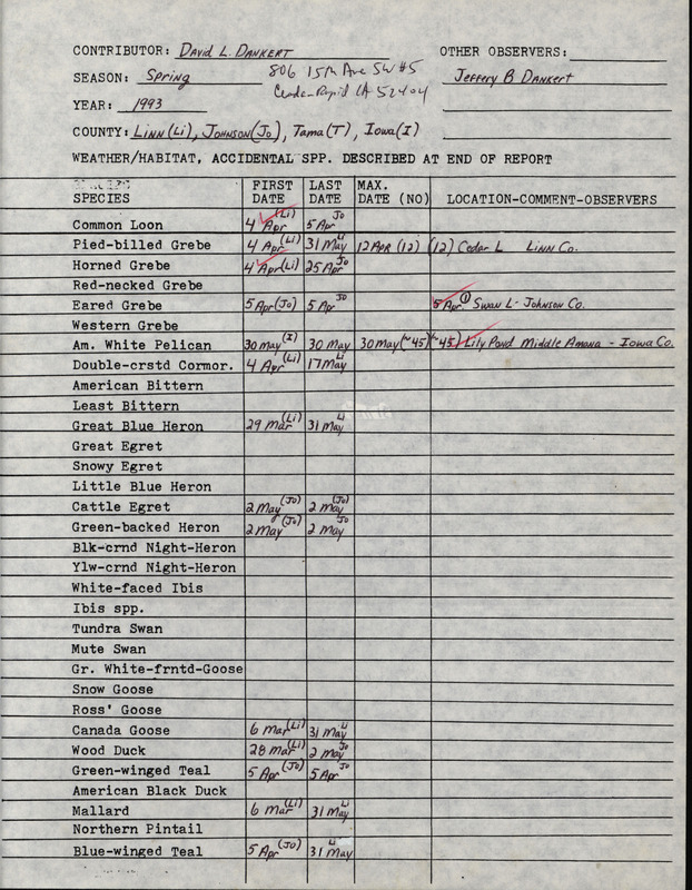 An annotated list of birds sighted by David and Jeffrey Dankert. This item was used as supporting documentation for the Iowa Ornithologists' Union Quarterly field report of Spring 1993.