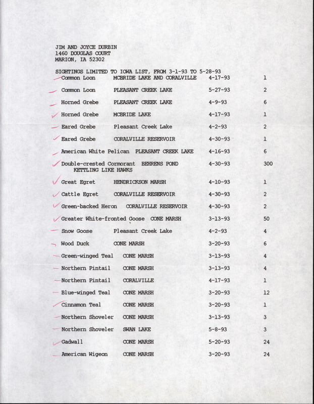 An annotated list of birds sighted by Jim and Joyce Durbin. This item was used as supporting documentation for the Iowa Ornithologists' Union Quarterly field report of Spring 1993.