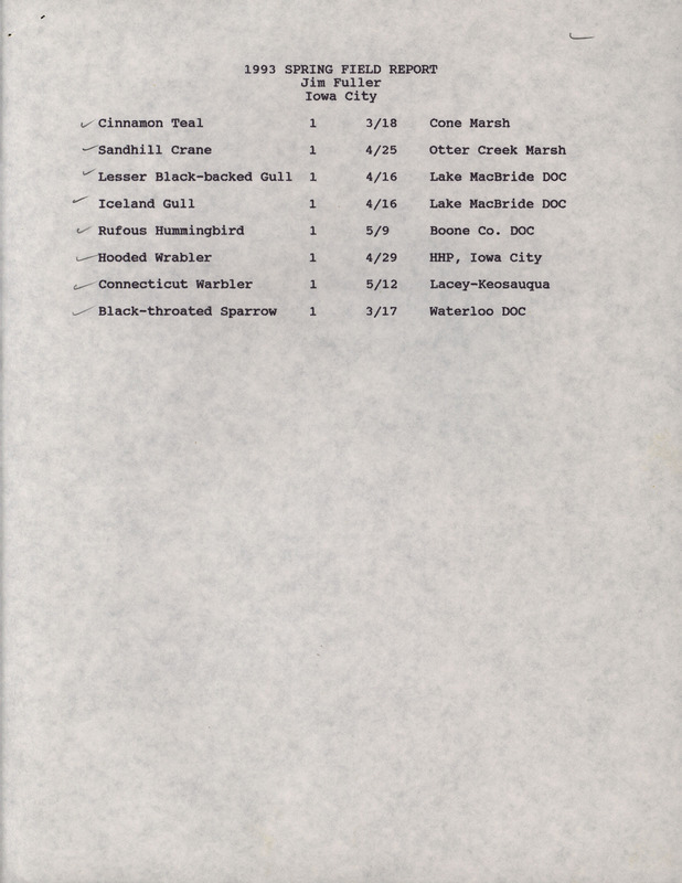 An annotated list of birds sighted by Jim Fuller. This item was used as supporting documentation for the Iowa Ornithologists' Union Quarterly field report of Spring 1993.