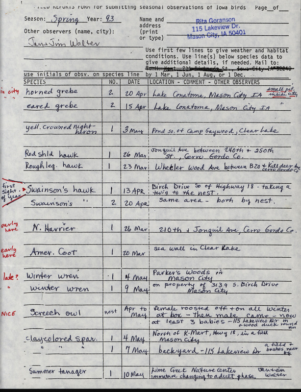 An annotated list of birds sighted by Rita Goranson and two others. This item was used as supporting documentation for the Iowa Ornithologists' Union Quarterly field report of Spring 1993.