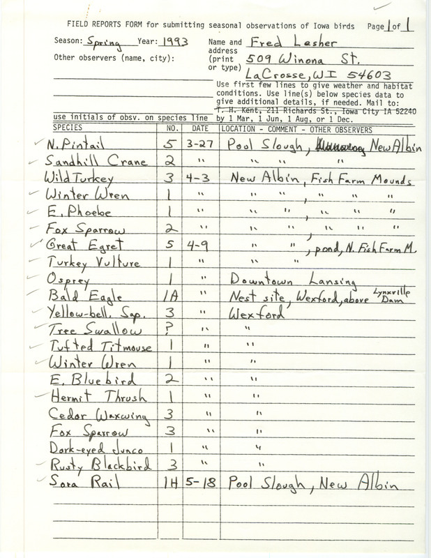 An annotated list of birds sighted by Fred Lesher. This item was used as supporting documentation for the Iowa Ornithologists' Union Quarterly field report of Spring 1993.