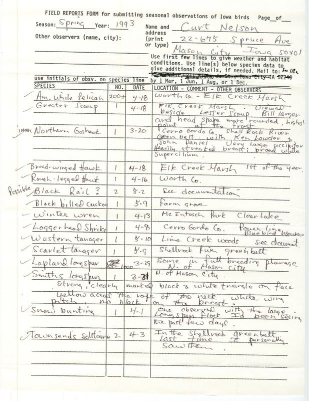 An annotated list of birds sighted by Curt Nelson. This item was used as supporting documentation for the Iowa Ornithologists' Union Quarterly field report of Spring 1993.