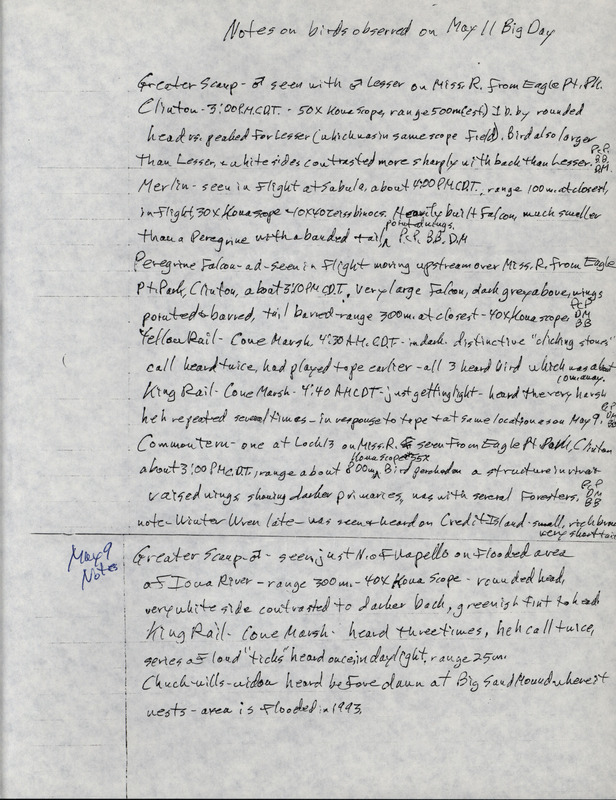 Unsigned note containing an annotated list of birds sighted on May 9 and May 11. This item was used as supporting documentation for the Iowa Ornithologists' Union Quarterly field report of Spring 1993.