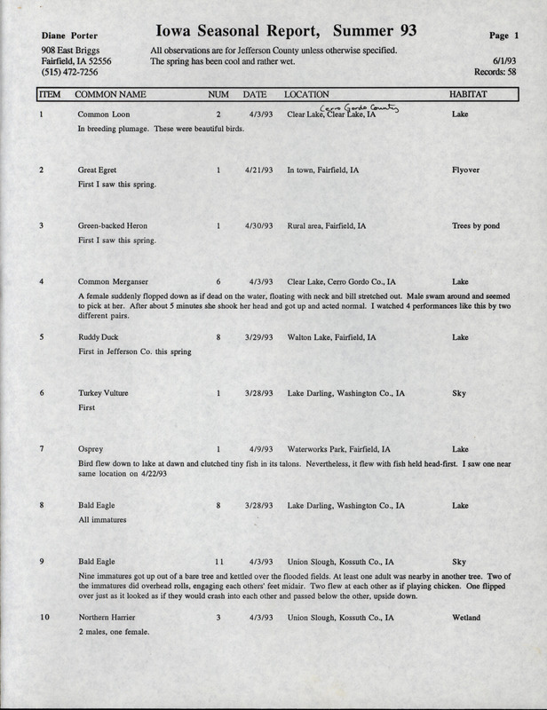 An annotated list of birds sighted by Diane Porter dated June 1, 1993. This item was used as supporting documentation for the Iowa Ornithologists' Union Quarterly field report of Spring 1993.