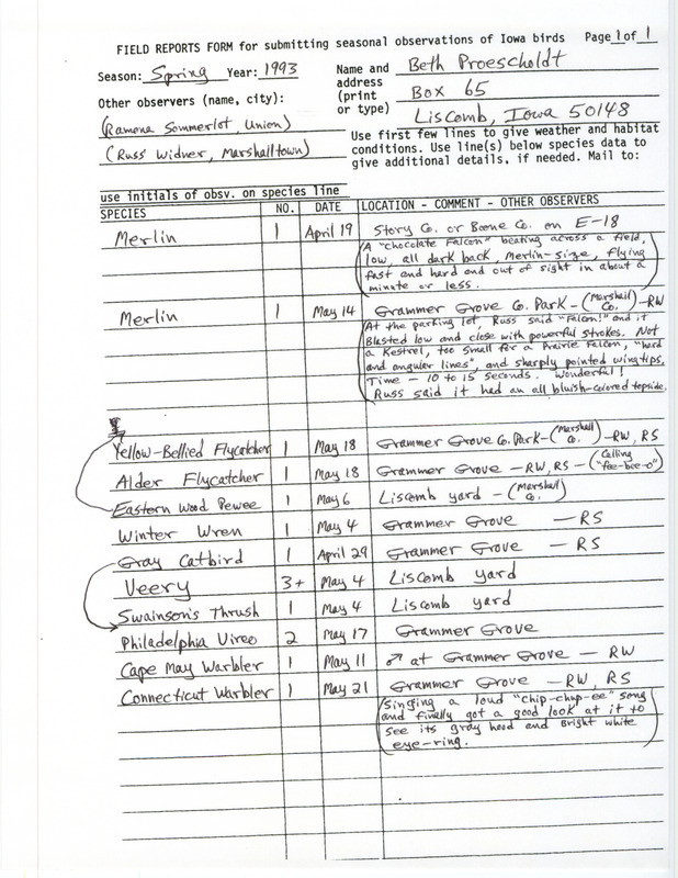 An annotated list of birds sighted by Beth Proescholdt and two others. This item was used as supporting documentation for the Iowa Ornithologists' Union Quarterly field report of Spring 1993.