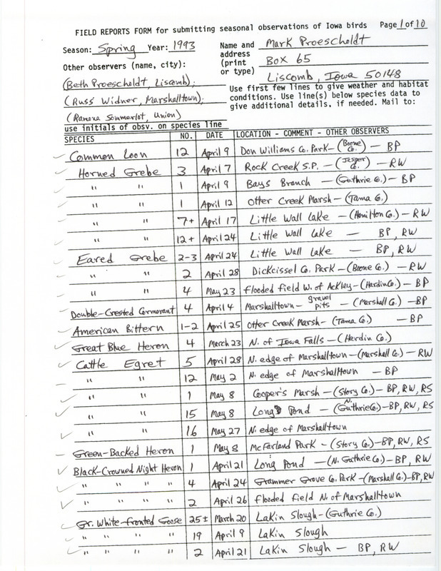 An annotated list of birds sighted by Mark Proescholdt and three others. This item was used as supporting documentation for the Iowa Ornithologists' Union Quarterly field report of Spring 1993.