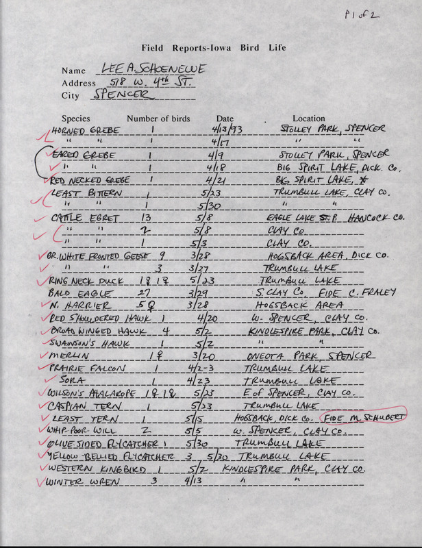 An annotated list of birds sighted by Lee Schoenewe. This item was used as supporting documentation for the Iowa Ornithologists' Union Quarterly field report of Spring 1993.