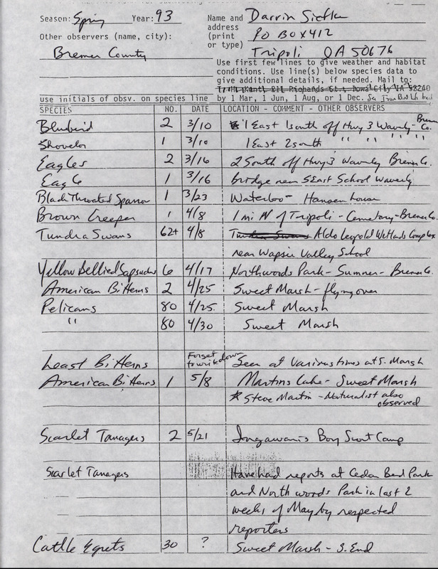 An annotated list of birds sighted by Darrin Siefken. This item was used as supporting documentation for the Iowa Ornithologists' Union Quarterly field report of Spring 1993.