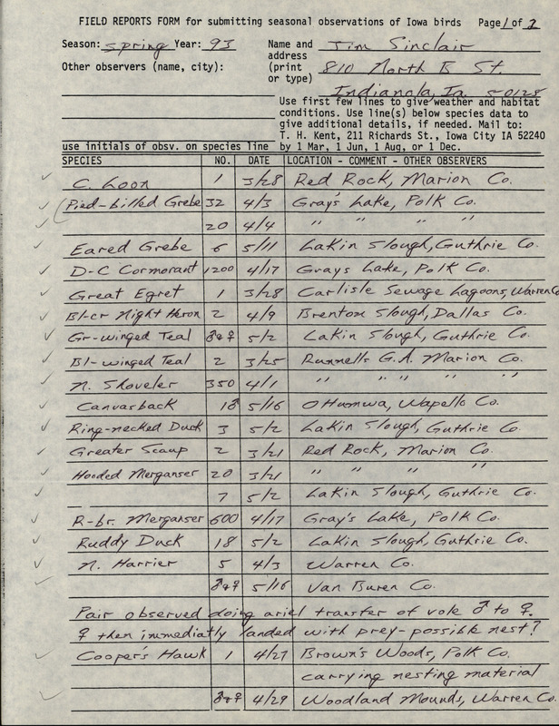 An annotated list of birds sighted by Jim Sinclair. This item was used as supporting documentation for the Iowa Ornithologists' Union Quarterly field report of Spring 1993.