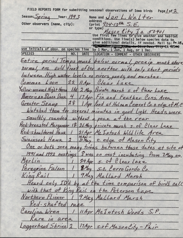 An annotated list of birds sighted by Jan Walter. This item was used as supporting documentation for the Iowa Ornithologists' Union Quarterly field report of Spring 1993.