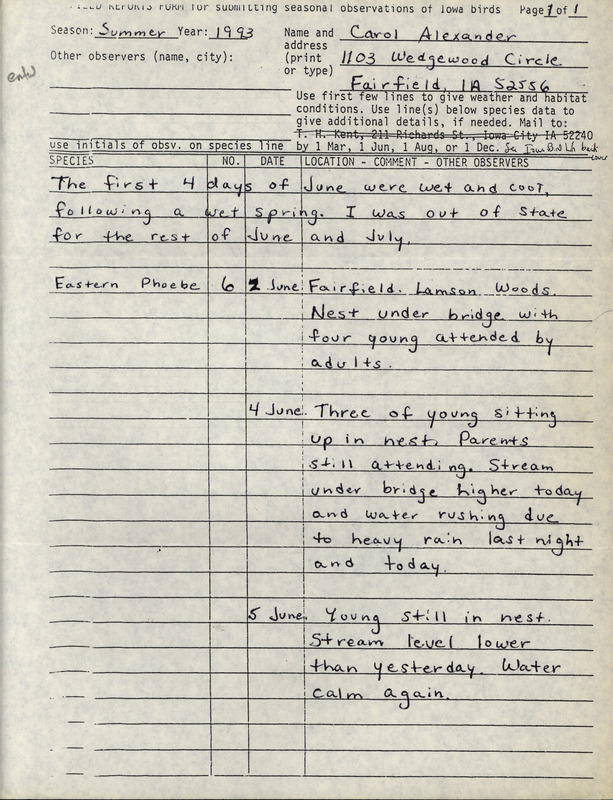 Summer report of Eastern Phoebe sightings contributed by Carol Ann Alexander. This item was used as supporting documentation for the Iowa Ornithologists' Union Quarterly field report of summer 1993.