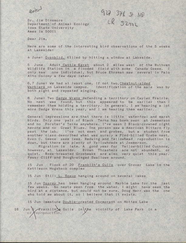 Letter from Neil Bernstein to James J. Dinsmore regarding summer bird sightings in northwest Iowa. This item was used as supporting documentation for the Iowa Ornithologists' Union Quarterly field report of summer 1993.