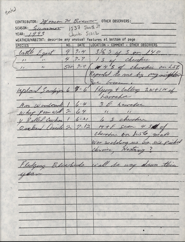 Summer report of birds found in northwest Iowa contributed by Marion M. Brewer. This item was used as supporting documentation for the Iowa Ornithologists' Union Quarterly field report of summer 1993.