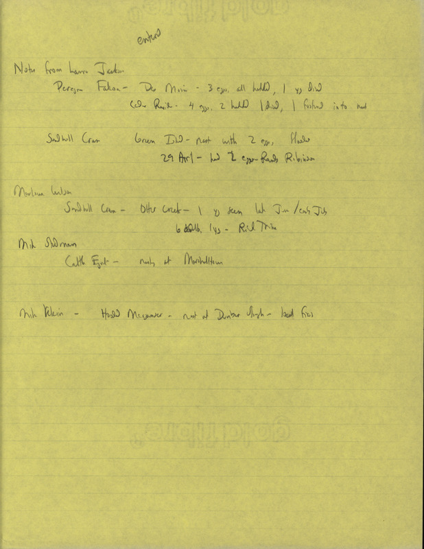 Summer report of birds and locations contributed by multiple observers. This item was used as supporting documentation for the Iowa Ornithologists' Union Quarterly field report of summer 1993.