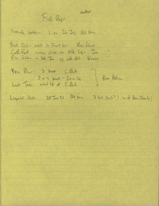 Summer report of birds and locations contributed by multiple observers. This item was used as supporting documentation for the Iowa Ornithologists' Union Quarterly field report of summer 1993.