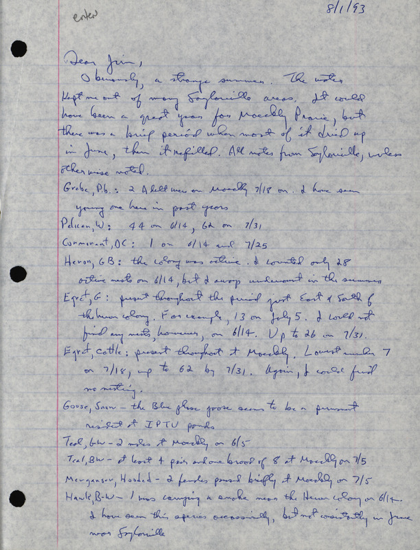 Letter from Bery Engebretsen to James J. Dinsmore regarding summer bird sightings, August 1, 1993. This item was used as supporting documentation for the Iowa Ornithologists' Union Quarterly field report of summer 1993.